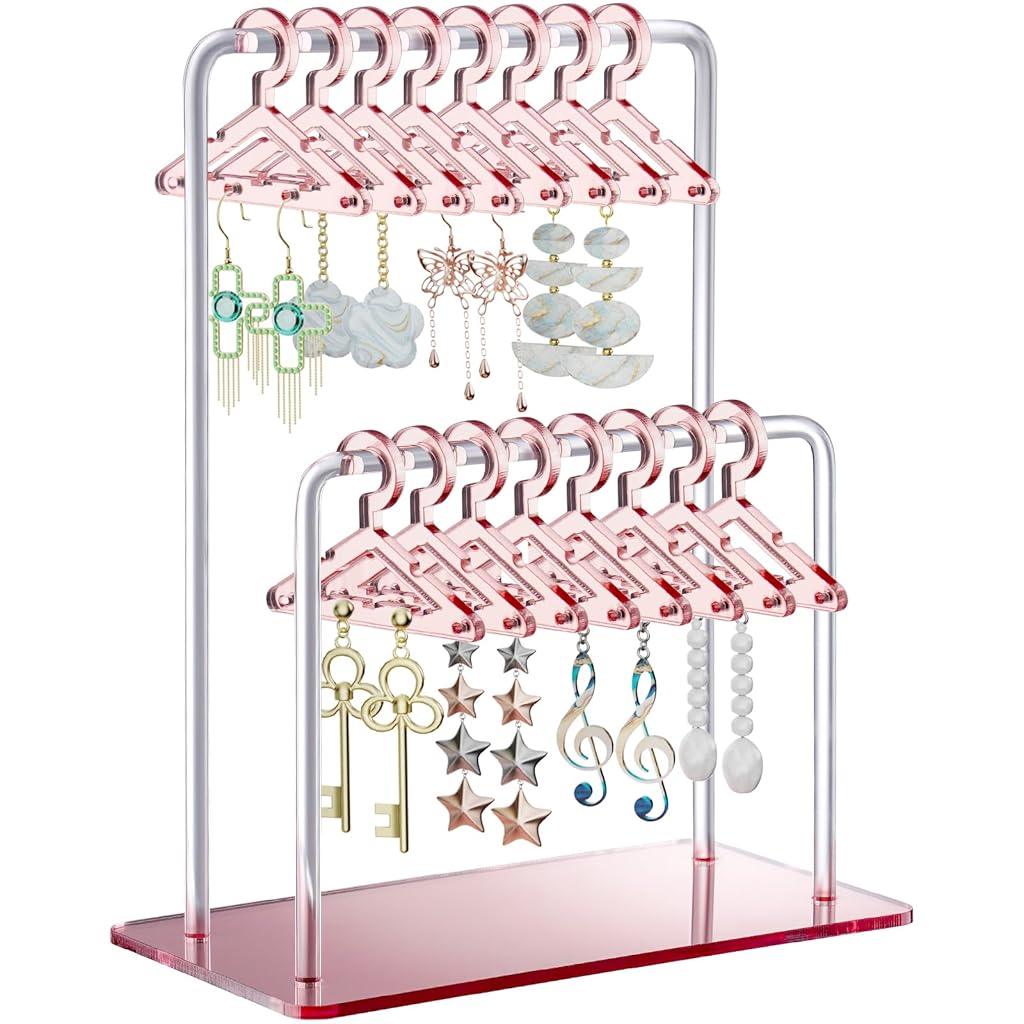 MAYCREATE® Earring Organizer Stand with 16Pcs Mini Hangers Holds 32 Pairs Earrings Pink Acrylic Open Double Layer Open Earring Organizer for Dangle Earrings, Loop Earrings, Ear Studs MAYCREATE® Earring Organizer Stand with 16Pcs Mini Hangers Holds 32 Pairs Earrings Pink Acrylic Open Double Layer Open Earring Organizer for Dangle Earrings, Loop Earrings, Ear Studs